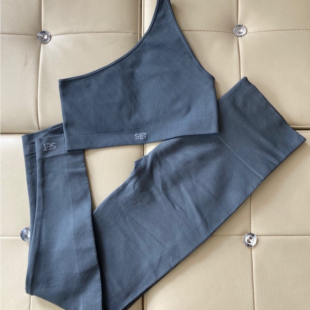 SET Active Blue Ribbed Leggings and Bra Top